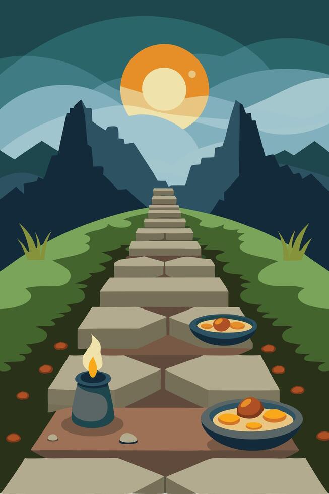 Stone Steps Ascent Mountain Path, Candlelight, Ritual Food Offering vector