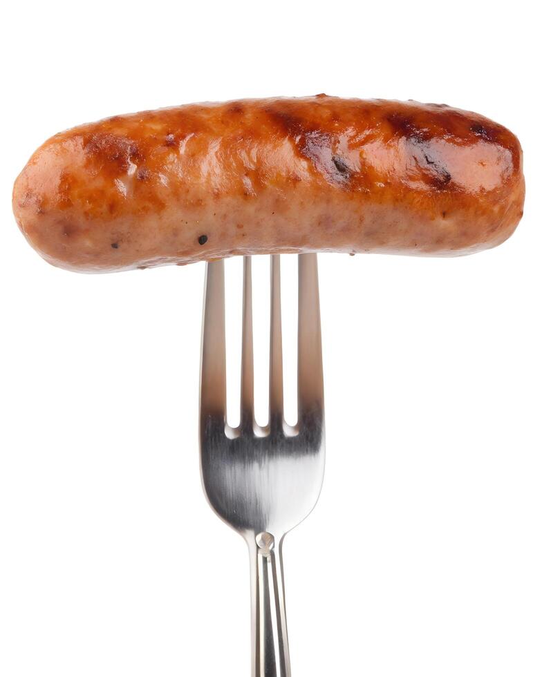 Grilled precook smoke beef sausage on a fork isolated on white background, clipping path photo