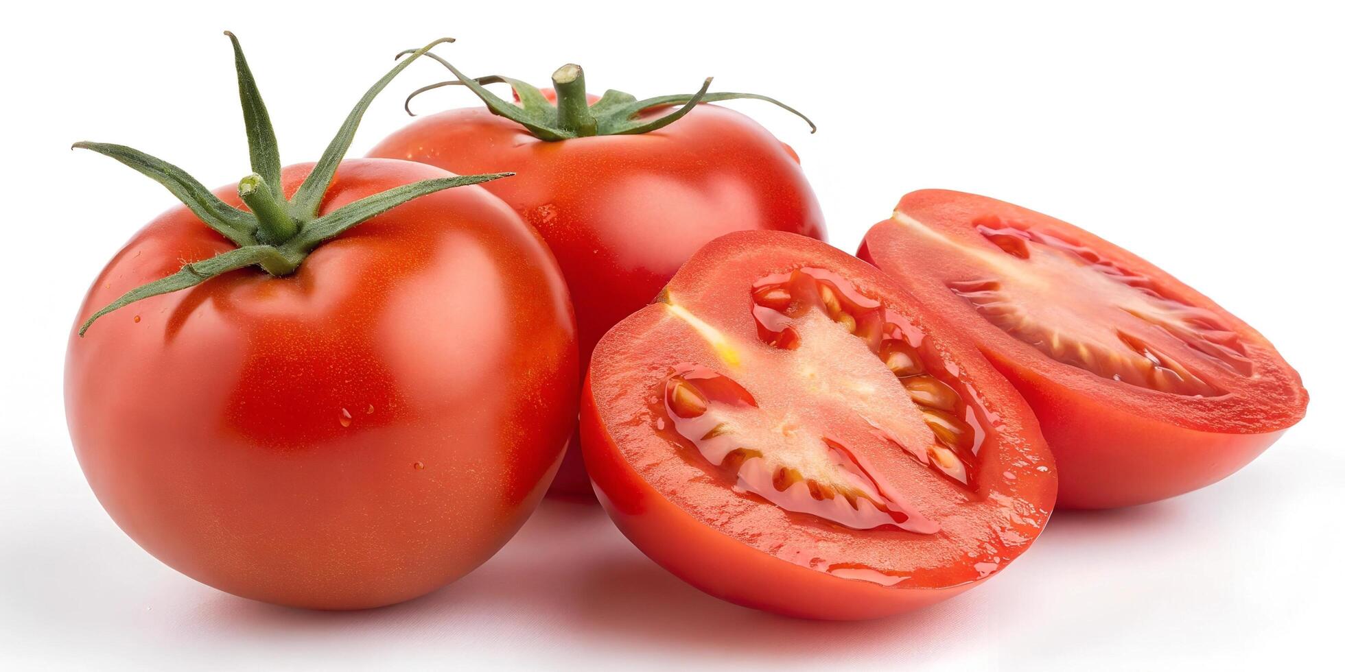 Fresh juicy red Tomato with cut in half isolated on white background. photo