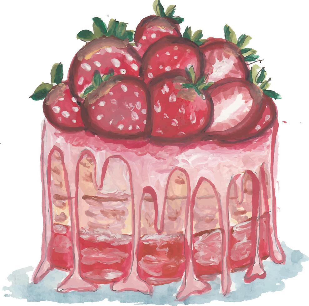 a watercolor painting of a strawberry cake vector