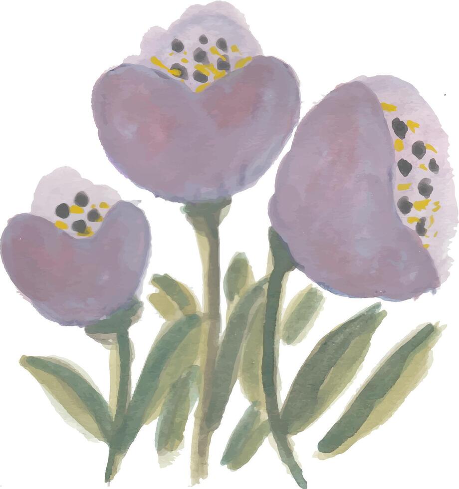 a watercolor painting of three purple flowers vector
