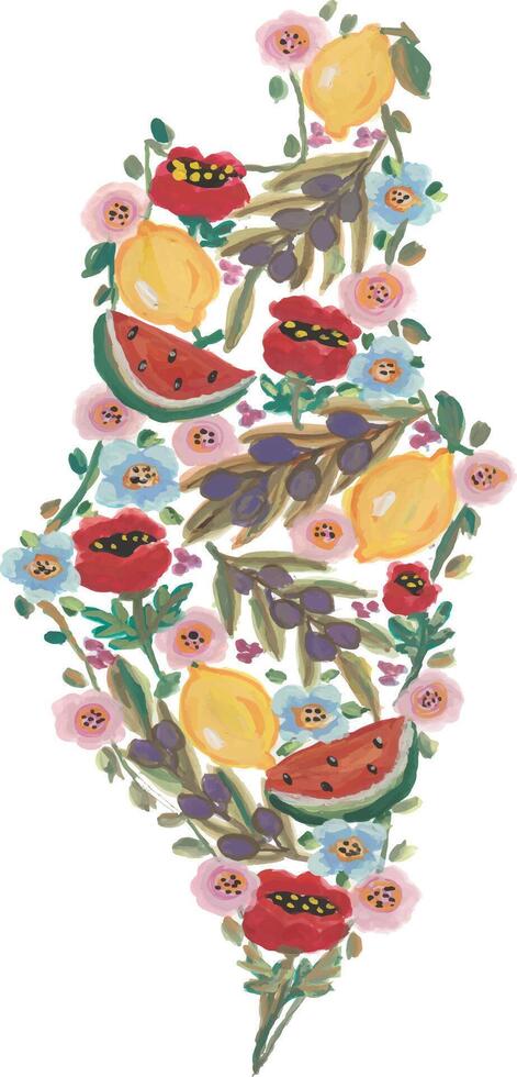 a colorful floral pattern with fruit and flowers map of palestine vector