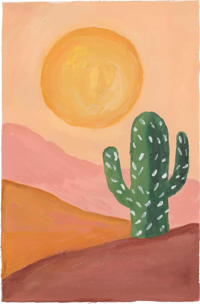 a painting of a cactus in the desert with a sun in the background vector