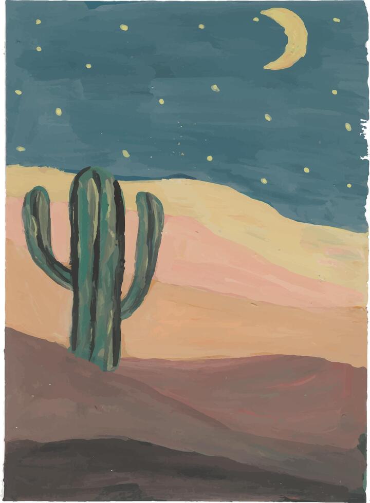 a painting of a desert scene with a cactus and moon vector