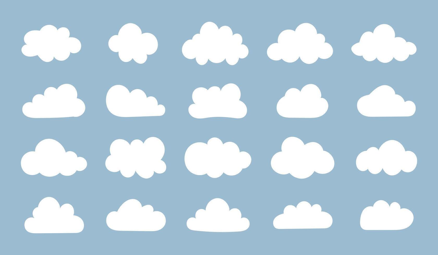 White flat clouds in blue sky. Puffy, fluffy, cumulus clouds on a blue background. Cloudy shapes mockup. Weather abstract simple elements template. Objects cloudscape layout. vector