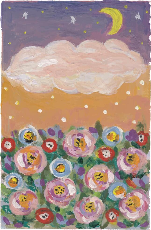 a painting of flowers and clouds in the sky vector