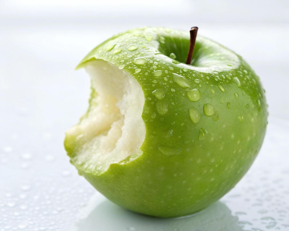 Fresh green apple with bite and water droplets isolated on white background. photo