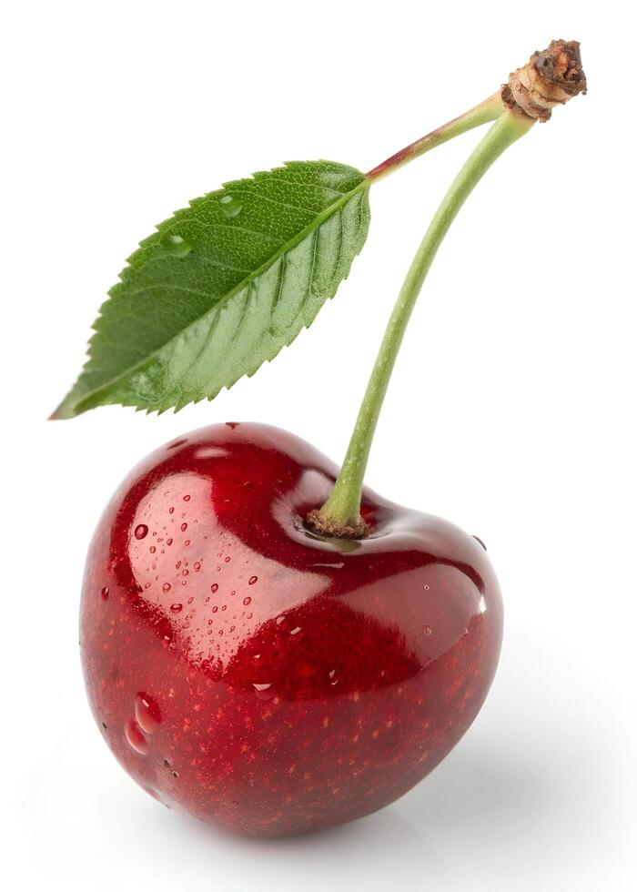Cherry with stem and leaf isolated on white background. photo