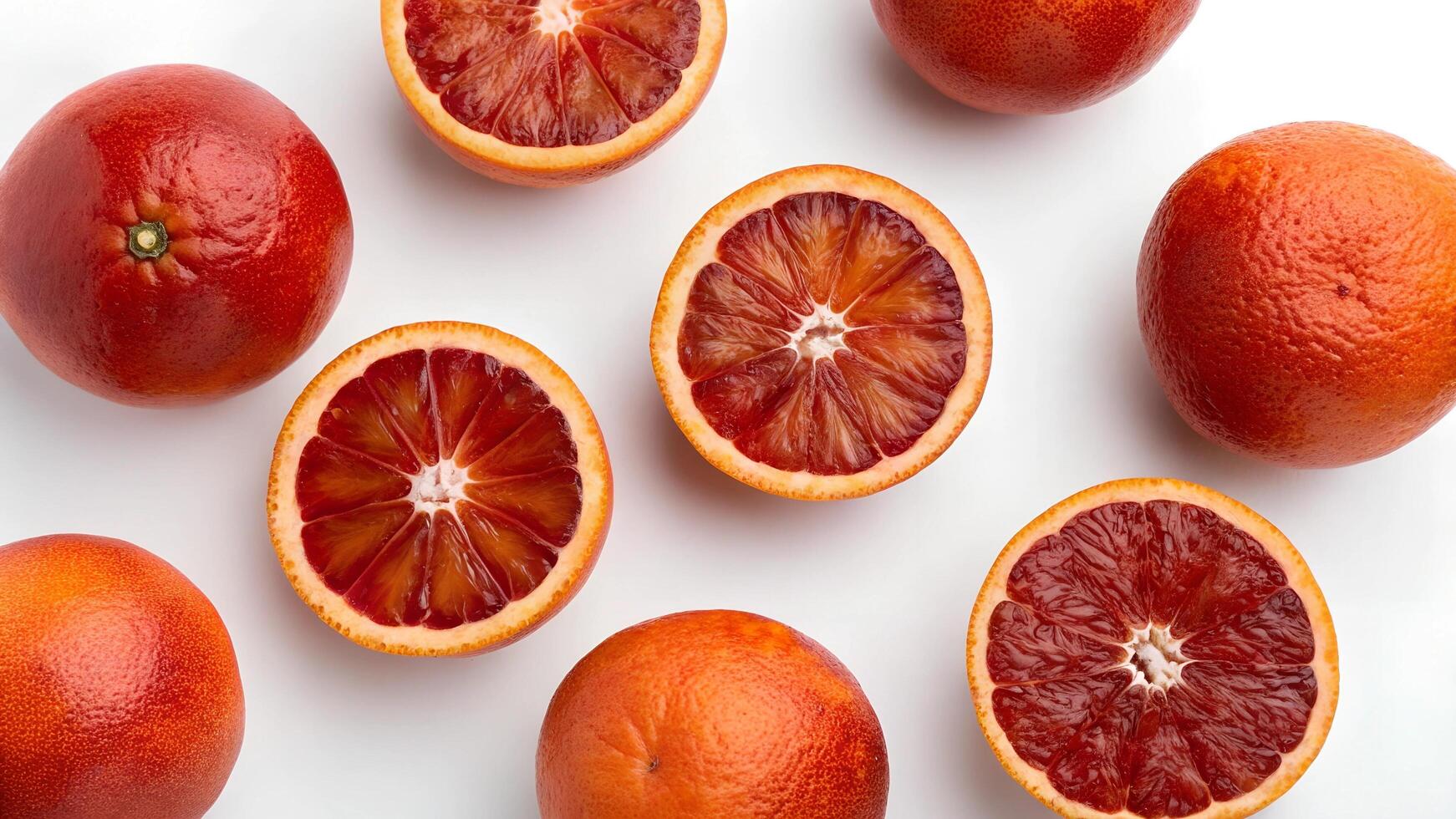 Blood red oranges slices isolated on white background with clipping path. Top view. Flat lay photo