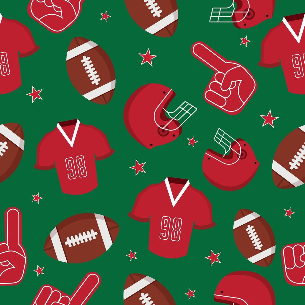Seamless pattern with american football brown balls helmets and stars on green background. Sports equipment background. Football helmet, foam finger, trophy. graphics vector