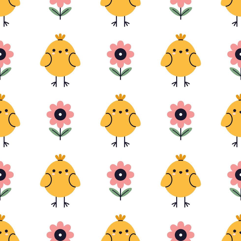 kids easter seamless pattern with cute funny chicks and flowers in flat design. Cute baby chick design on pink background. Easter wrapping paper or fabric design. Kawaii seamless pattern. vector