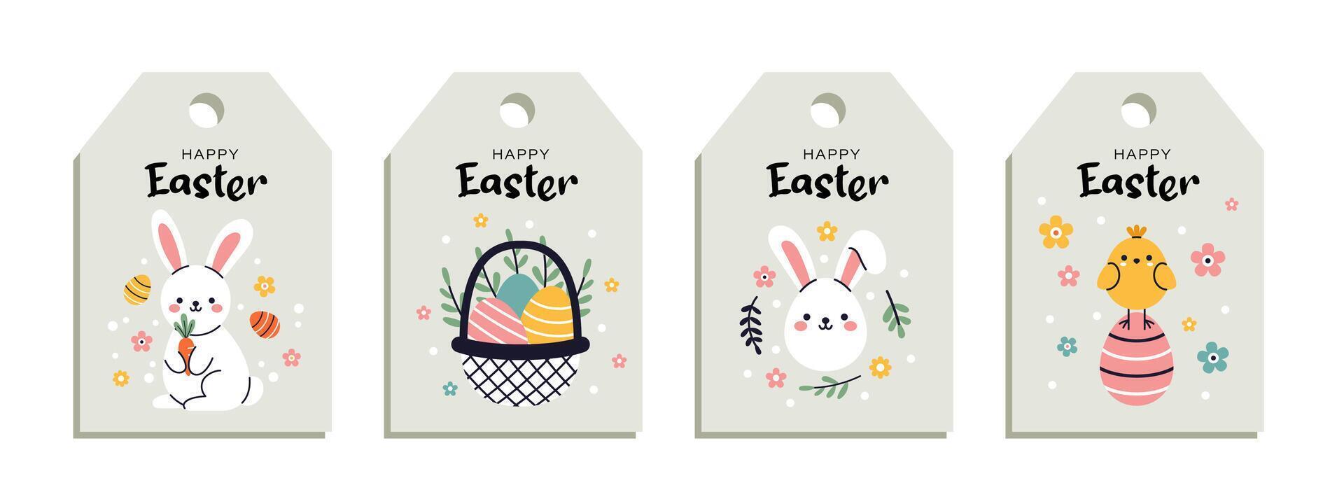 cute trendy set of gift tags with Happy Easter text with eggs, cute bunny and chick. Labels collection perfect for holiday design. vector