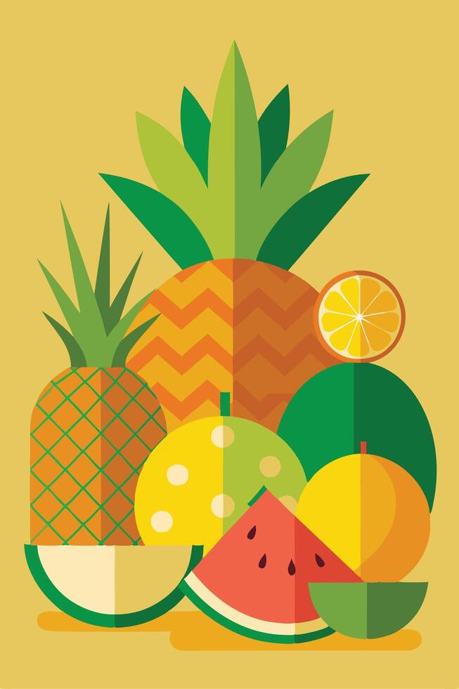 Tropical Fruit Summer Graphic Design Pineapple, Watermelon, Orange vector