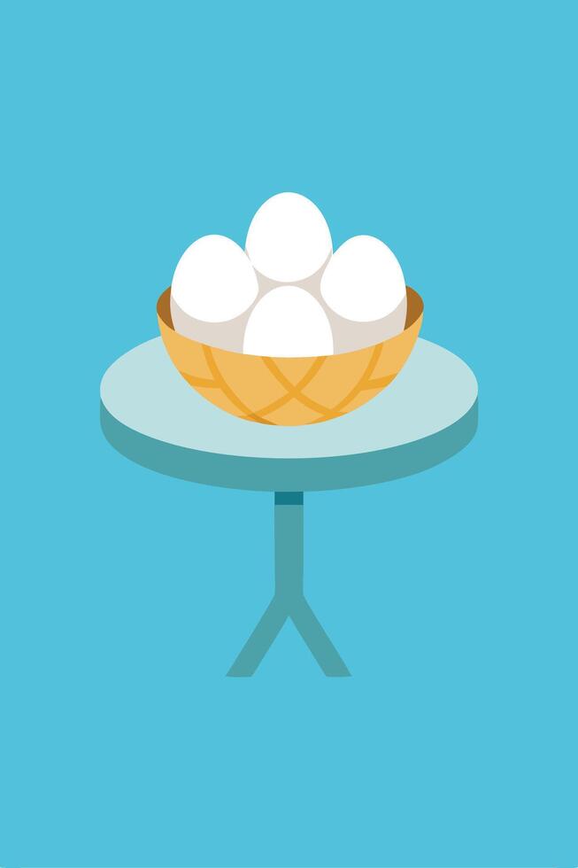 Five White Eggs in a Basket on a Small Table vector