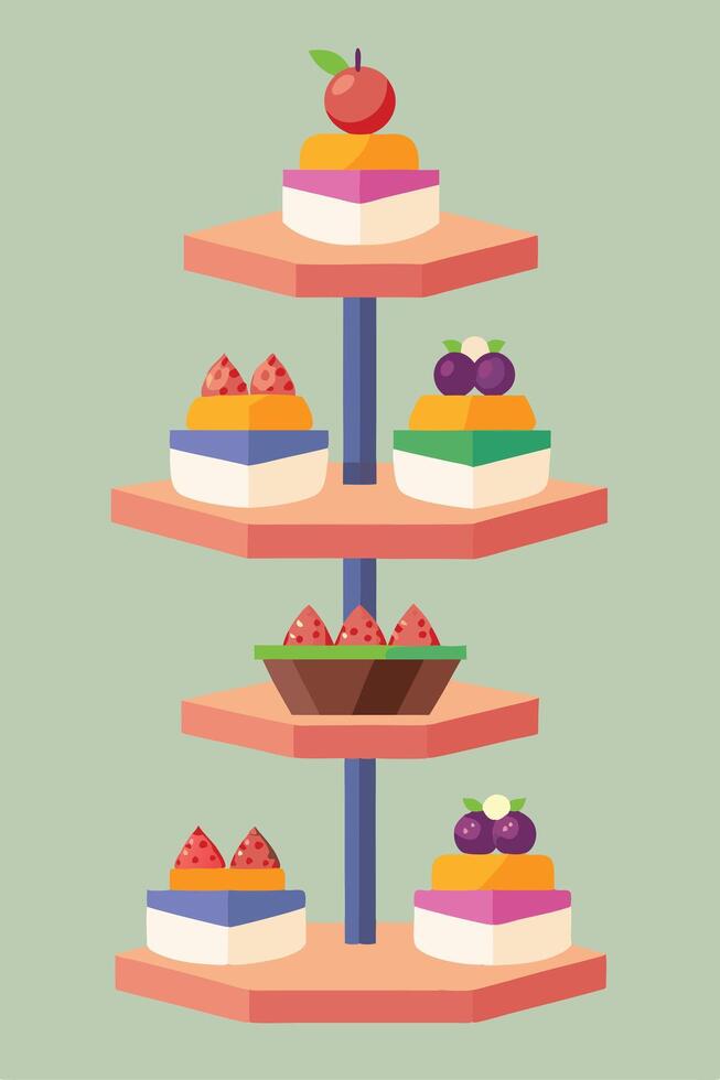 Delicious Fruit Cakes on Elegant ThreeTiered Stand vector