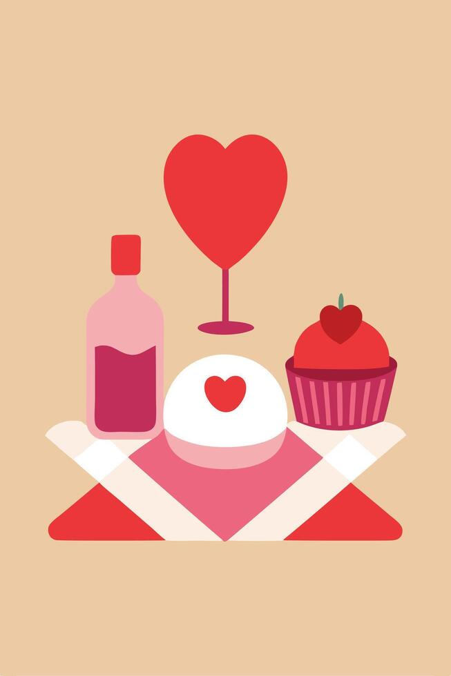 Romantic Valentines Picnic Hearts, Cupcakes, Wine, Sweet Treat vector