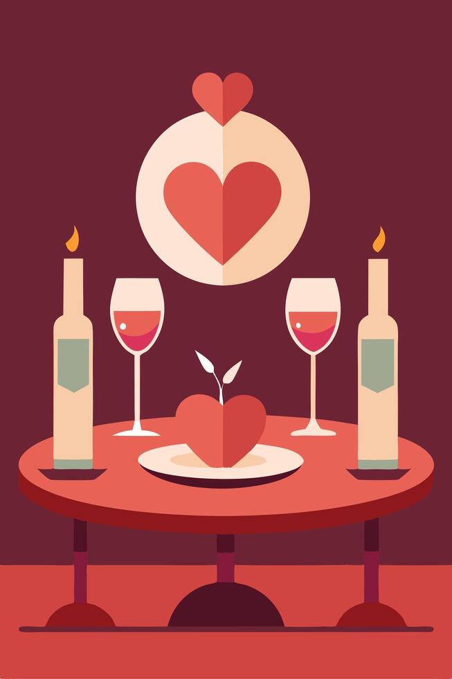 Romantic Valentines Day Dinner Candles, Wine, Hearts Table Setting vector