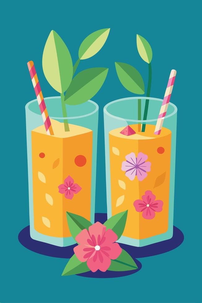 Refreshing Summer Fruit Smoothies with Floral Garnish vector