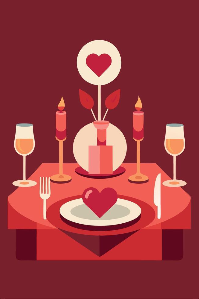 Romantic Valentines Day Dinner Candles, Hearts, Table Setting vector