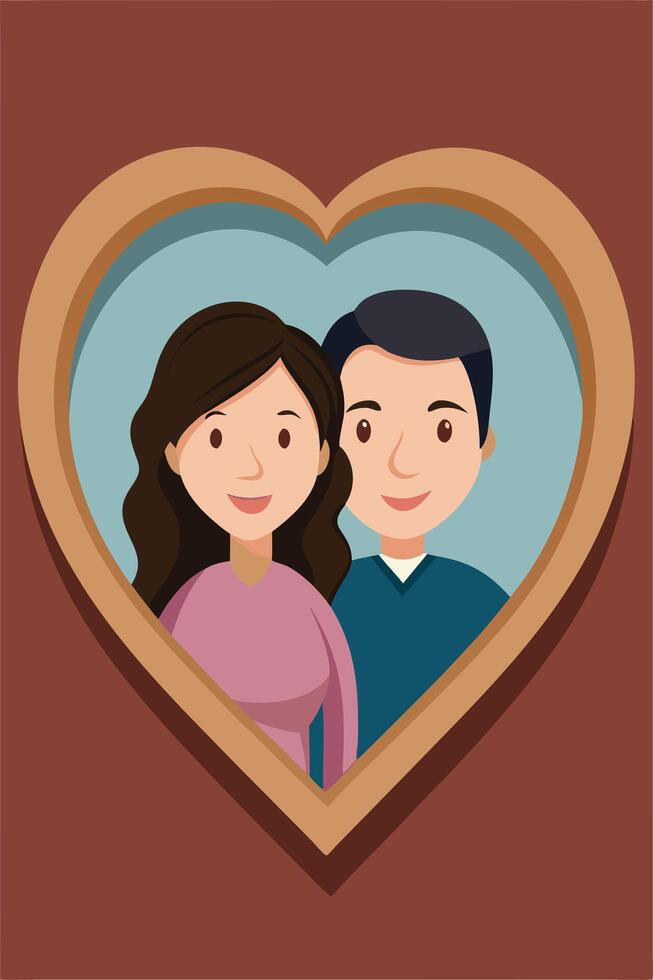 Romantic Couple Portrait Heart Frame, Love, Happy, Together vector