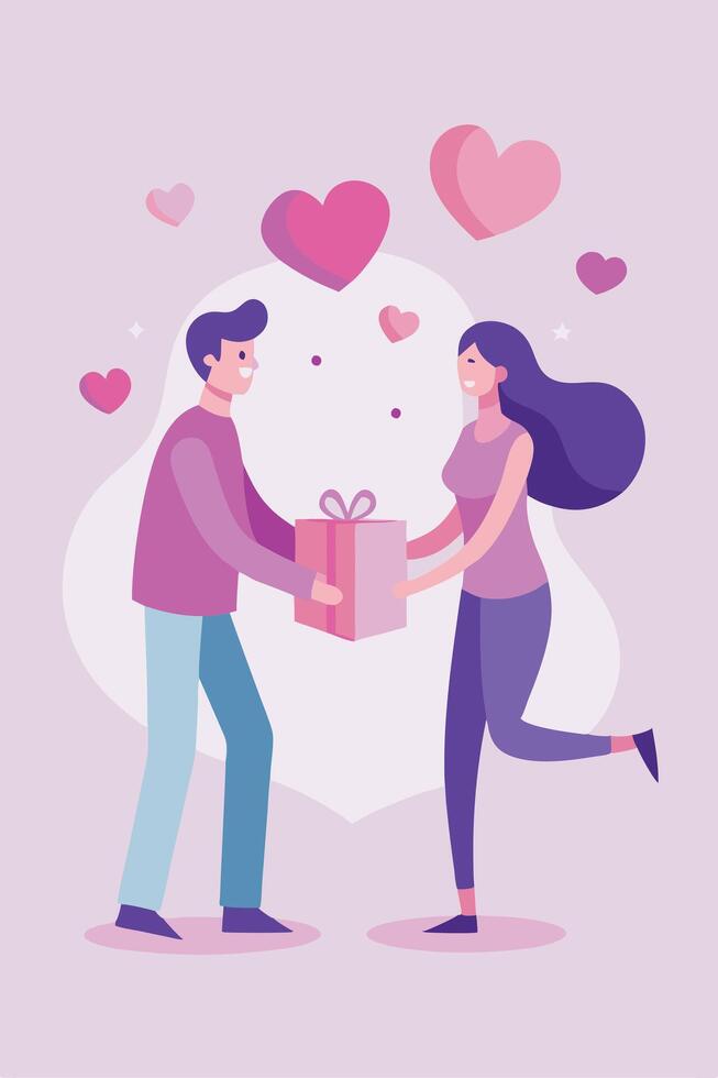 Couple exchanging gift, Valentines Day love, hearts, romance, celebration, affection, present, relat vector