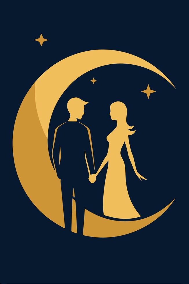 Romantic Couple Silhouette on Crescent Moon Night Sky Stars vector