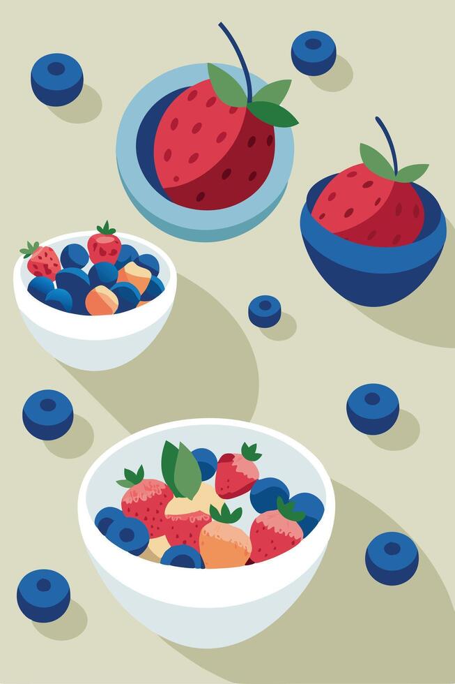 Delicious Strawberry Blueberry Bowls Summer Fruit Breakfast Delight vector