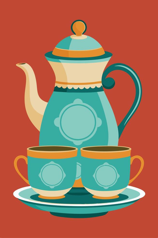 Vintage Teal Teapot Coffee Cups Saucer Set Design Home Decor vector
