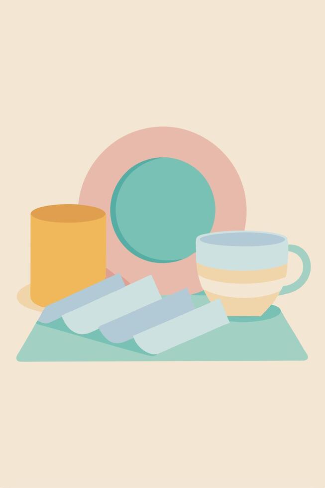 Pastel Minimalist Kitchenware Plate, Mug, Cylinder, Napkins, Table vector
