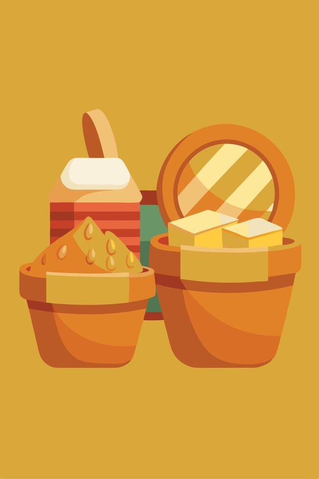 Dairy Products, Butter, Ghee, and Spices in Terracotta Pots vector