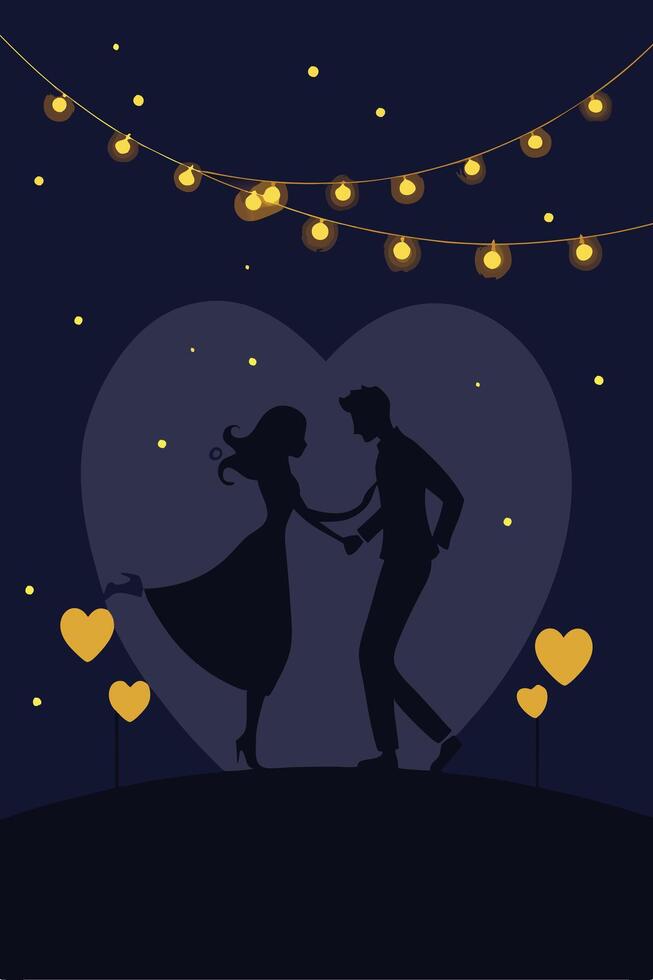 Silhouette Couple Dancing Night Romantic Heart Lights Love vector