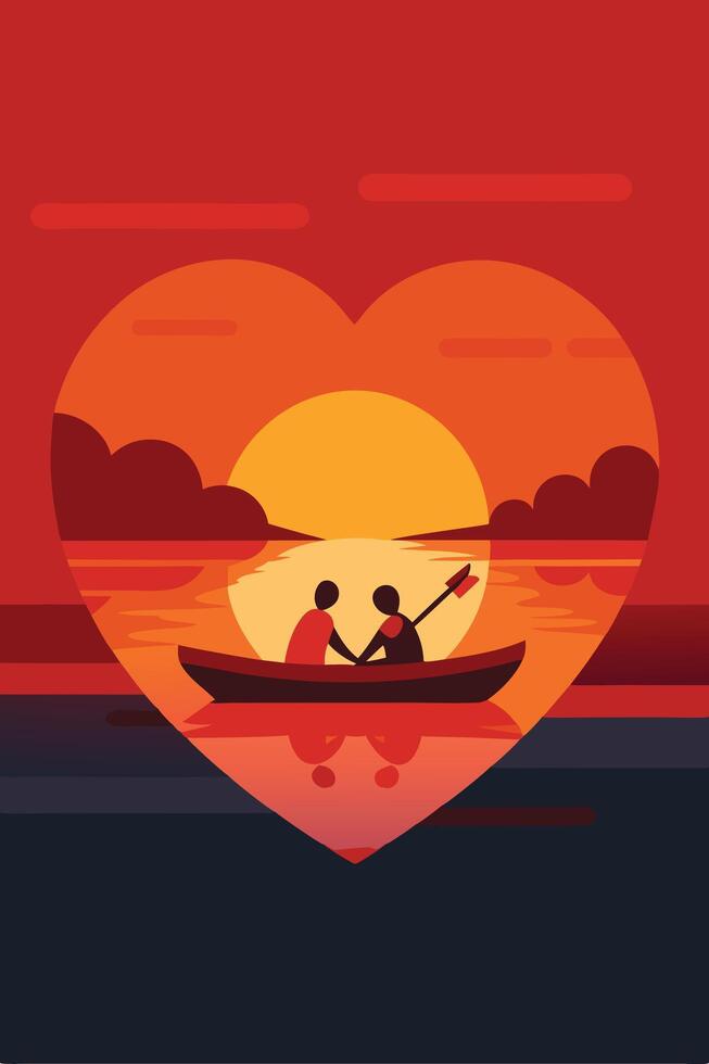 Romantic Sunset Couple Heart Boat Rowing Lake Peaceful Love vector