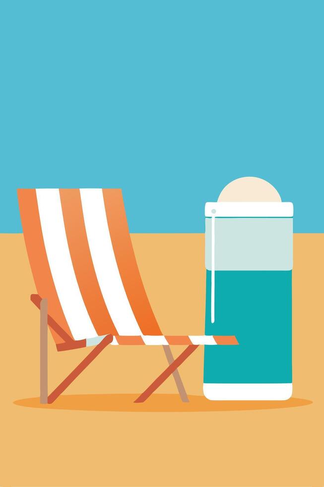 Summer Beach Relaxation Striped Chair, Sunscreen, and Sand vector