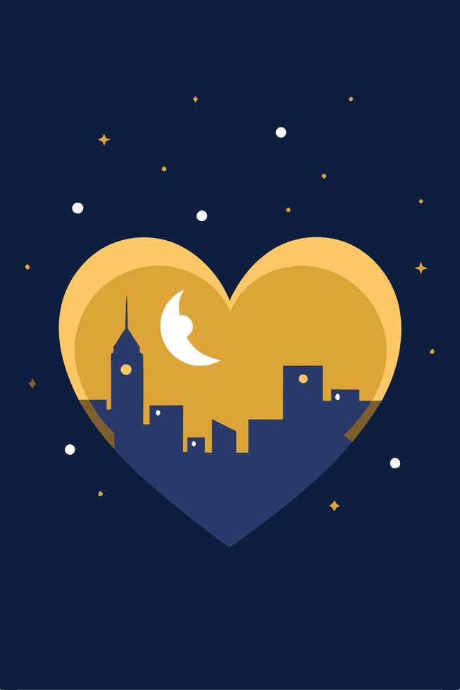 Night Cityscape Heart Moonlit Urban Love, Golden Hour Dream vector