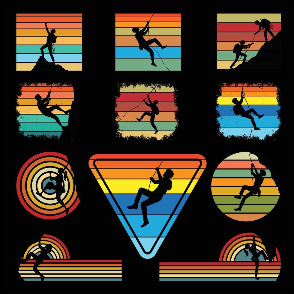 Man Ascending Mountain Retro Sunset Design Bundle vector