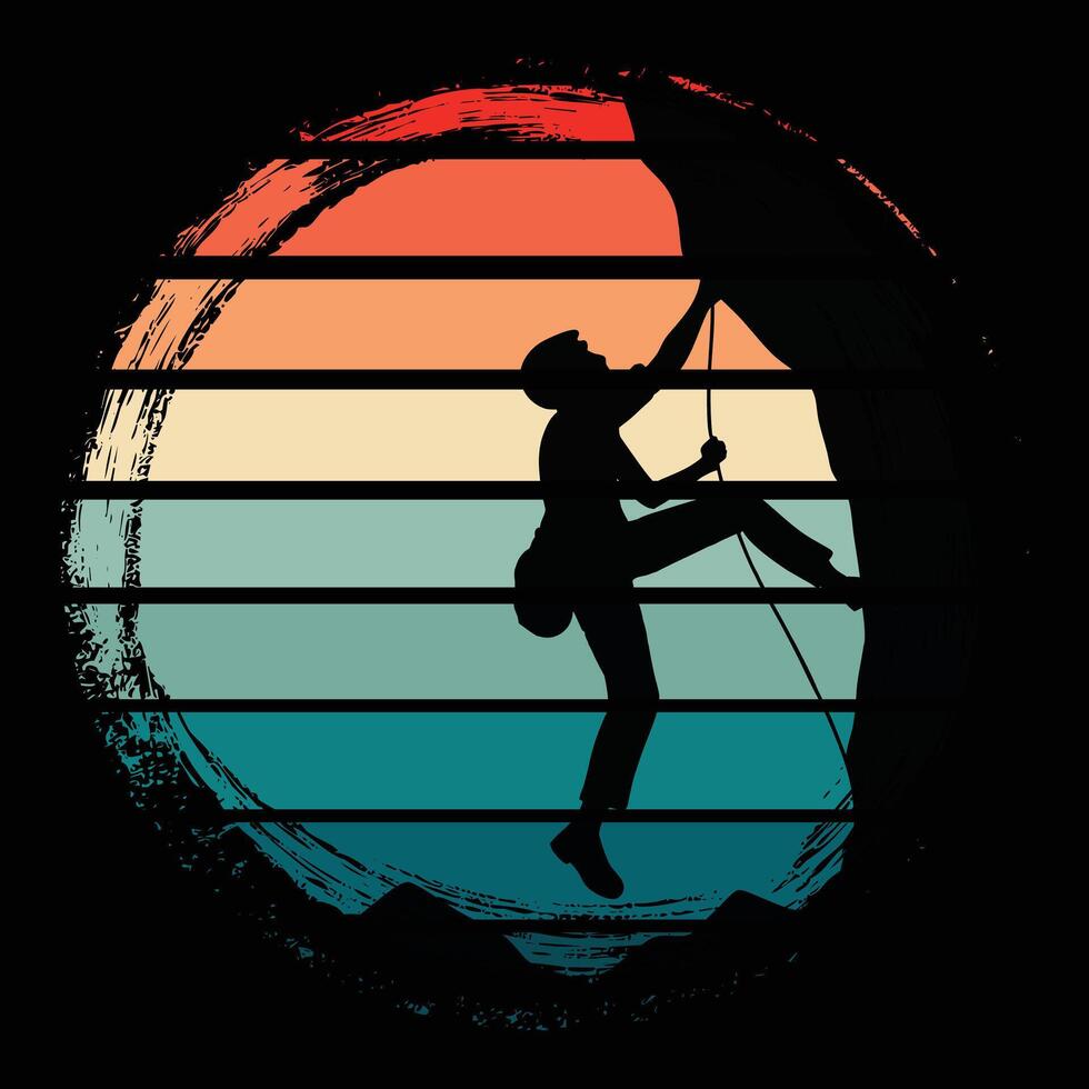 Vintage Retro Sunset Rock Climbing Silhouette Art vector