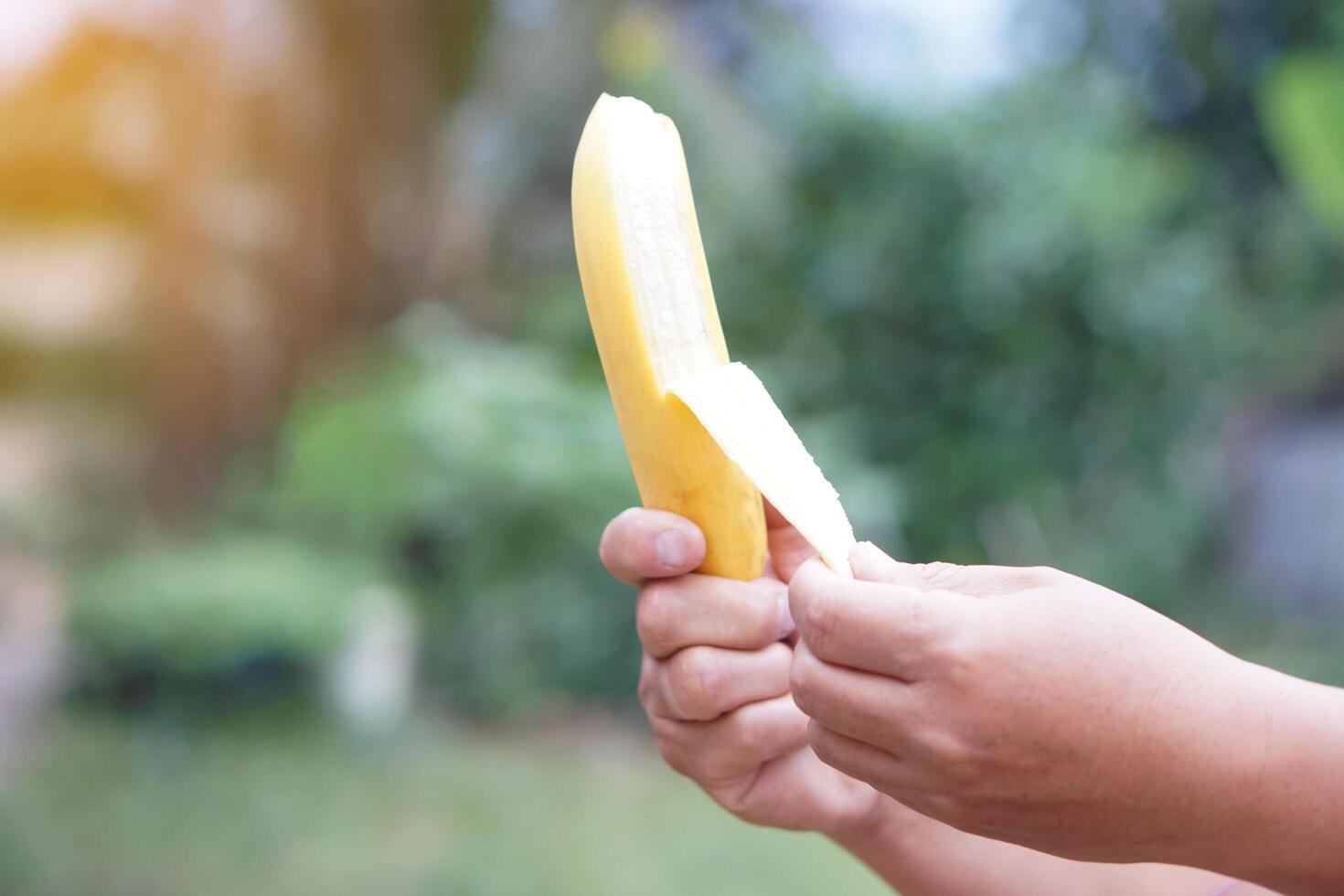 Hands are peeling banana to eat. Concept, nourishment and relieve hunger by eating banana, Benefit to health with food nutrition value. Healthy lifestyle. Enjoy eating fruits. photo