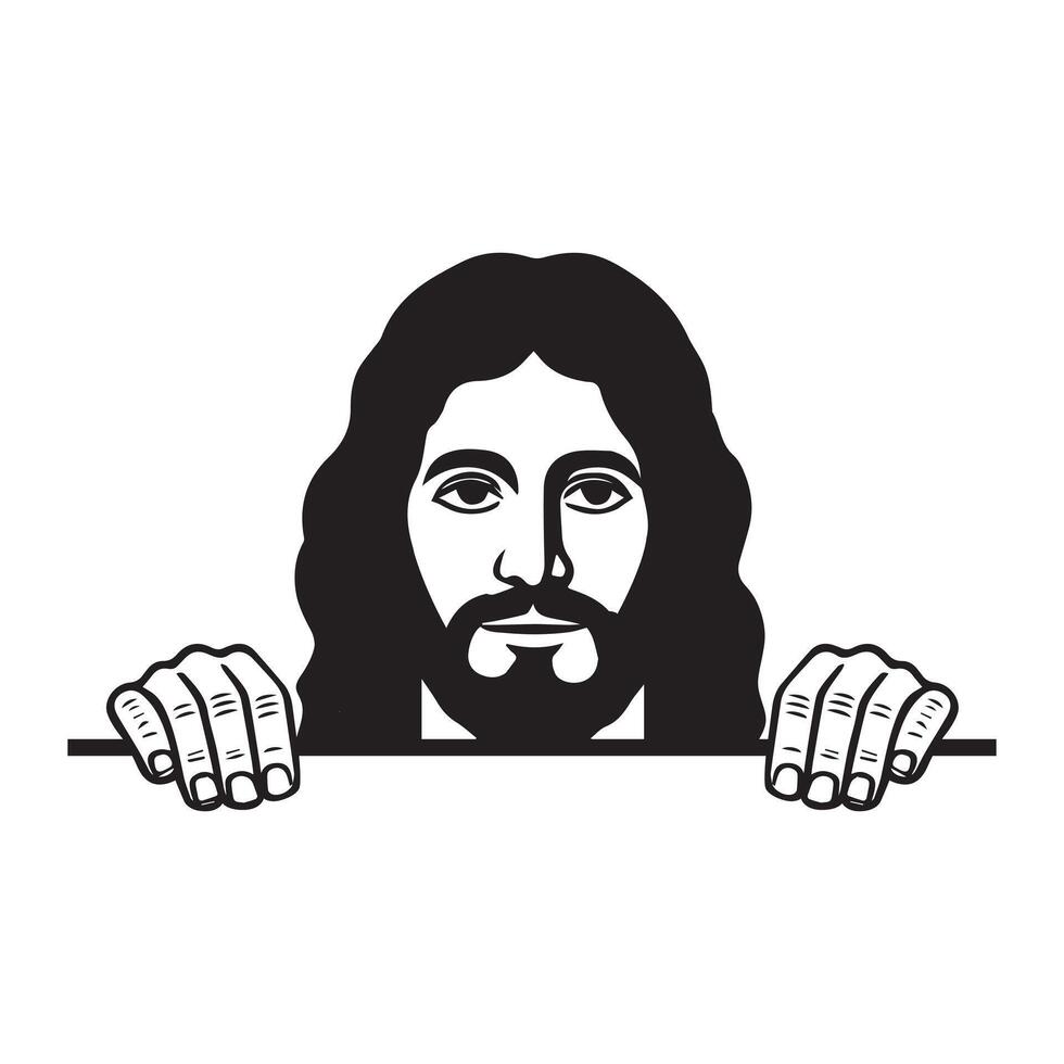 Jesus is Watching Playful Peeking Face Clipart in Black and White vector