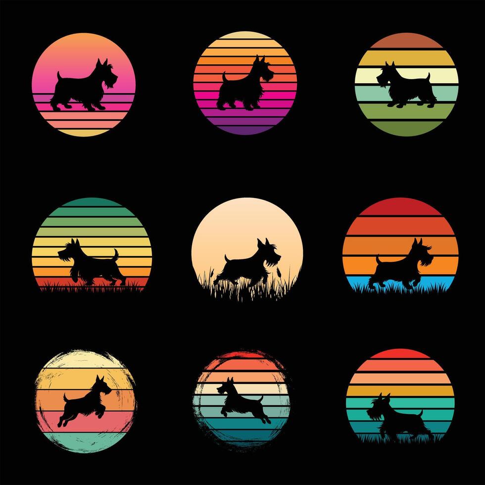 Retro Sunset Scottish Terrier Silhouette Design Bundle vector