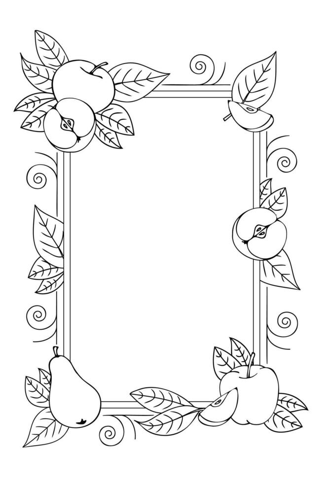 vertical frame of black and white apples and pears and leaves, hand drawn in cartoon style. Outline drawing. vector