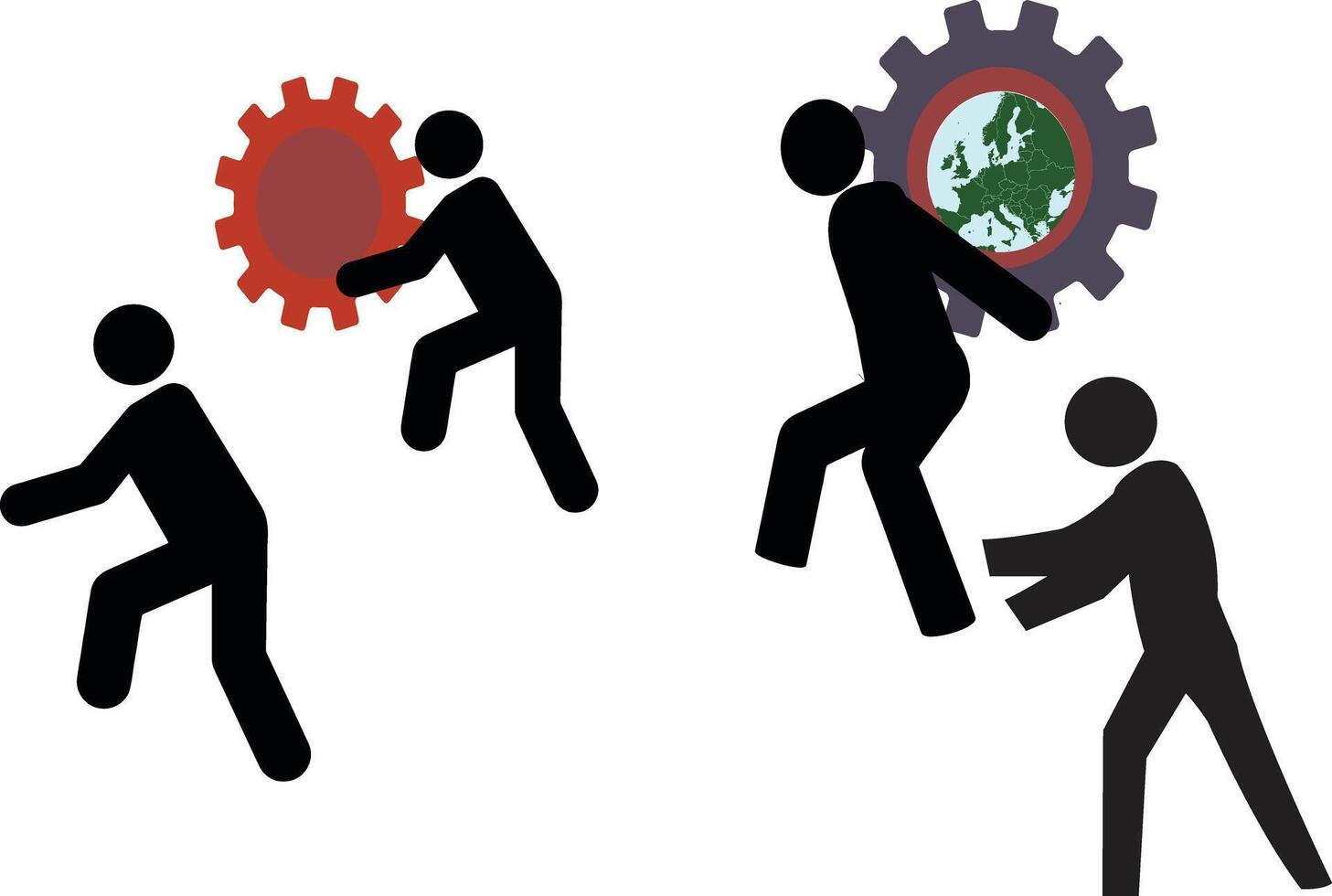 People pushing a gear wheel with a globe on it vector