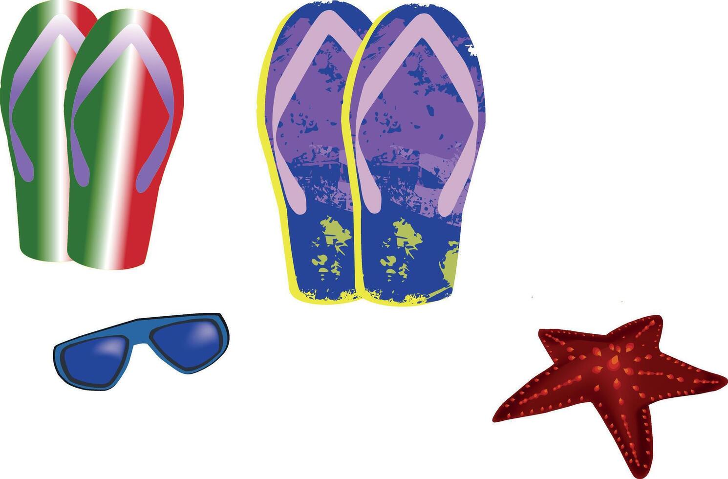 A pair of flip flops, sunglasses, and starfish vector