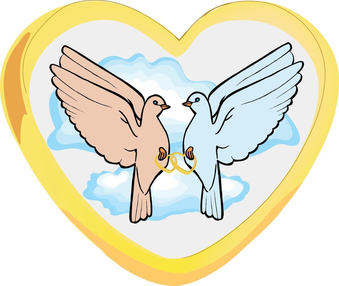 Two doves in a heart with clouds and a ring vector