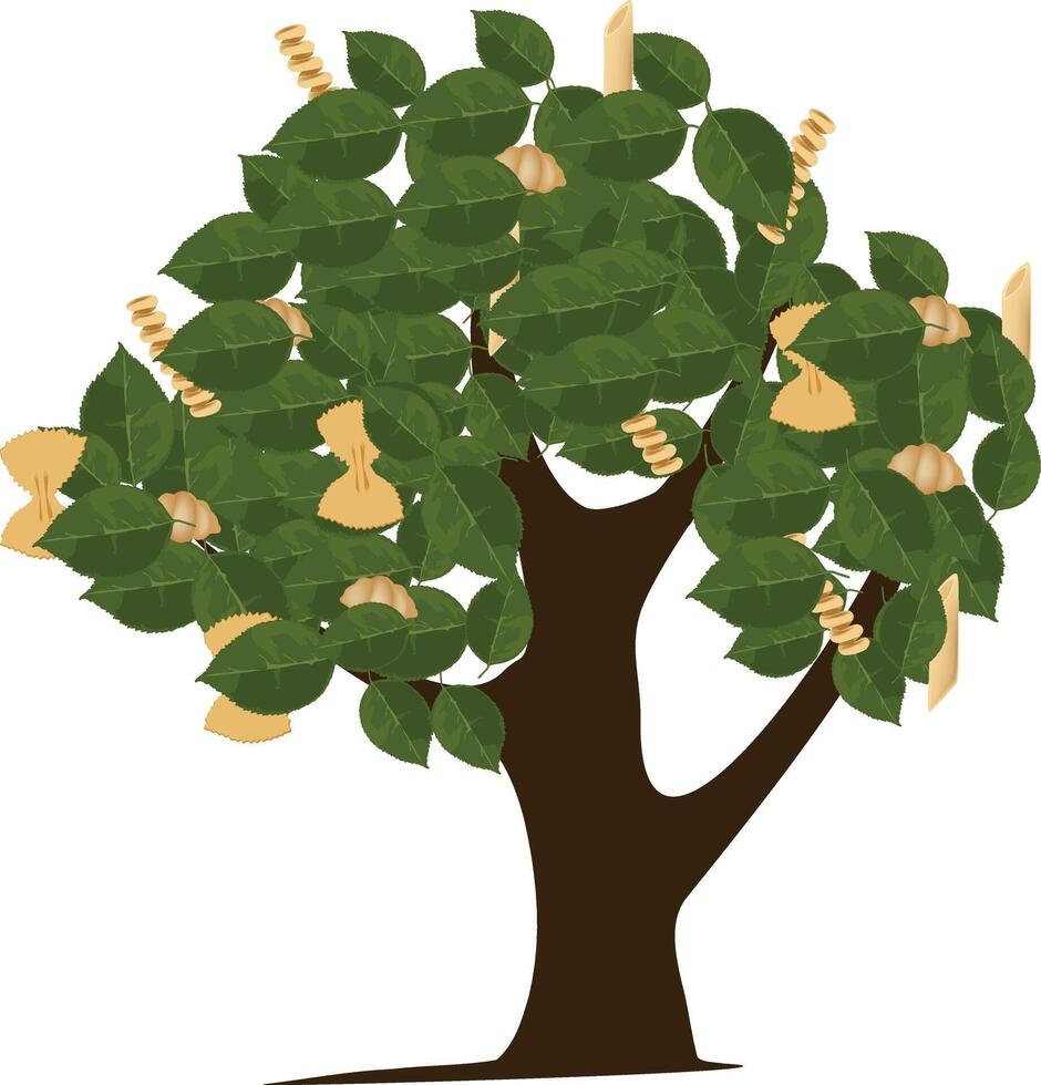 Pasta and walnuts growing on a leafy tree against white background vector
