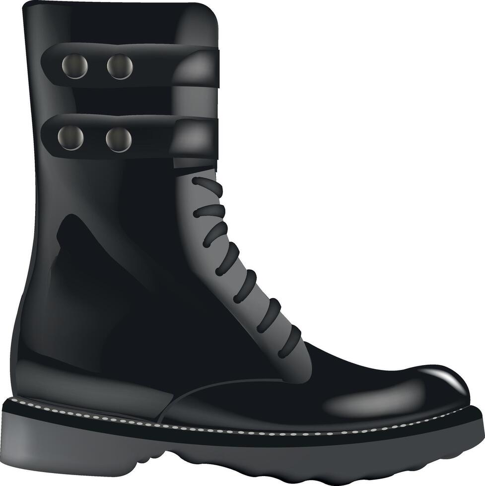 Shiny black combat boot with buckles and laces isolated on white vector