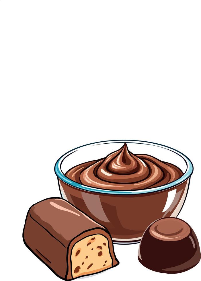 Chocolate cream, chocolate candy bar and praline composing a delicious chocolate still life vector