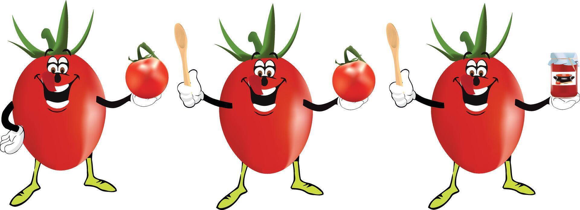 Three cartoon tomatoes with arms and legs holding a knife and fork vector