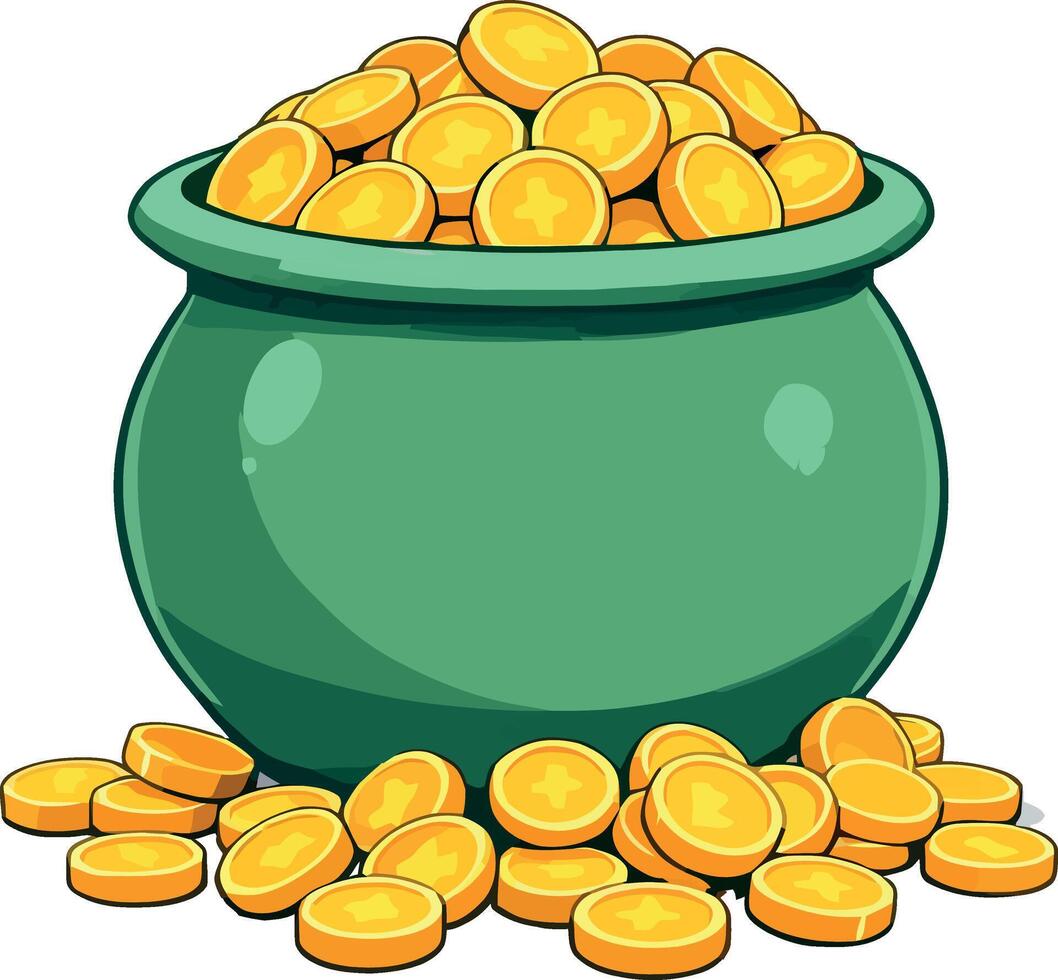 Green pot overflowing with gold coins representing wealth and abundance vector