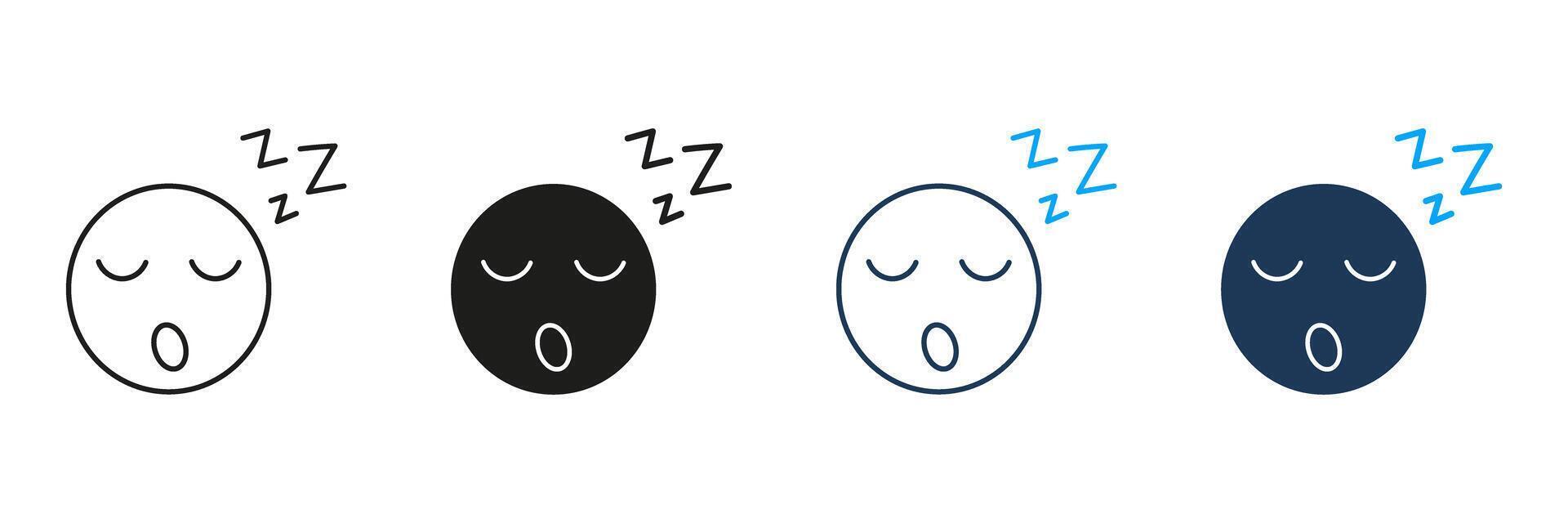 Sleeping Face with ZZZ Line and Silhouette Icon Set. Peaceful Rest and Sleepy Expression Symbol. Face with Closed Eyes and ZZZ Sign, Nap Concept. Editable Stroke. Isolated Illustration vector