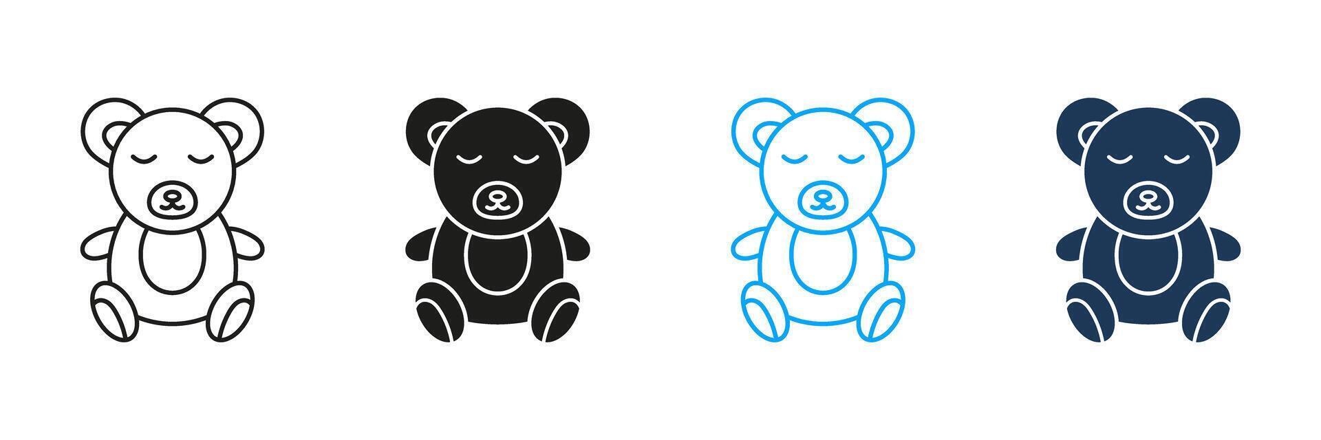 Sleeping Teddy Bear Line and Silhouette Icon Set. Childhood Comfort and Bedtime Toy Symbol. Cozy Plush Toy for Bedtime Rest. Editable Stroke. Isolated Illustration vector